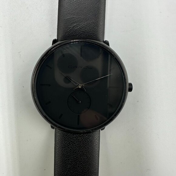 Crrju Watch Men Black Small Second Dial Minimalist Leather Band New Battery - Picture 4 of 14